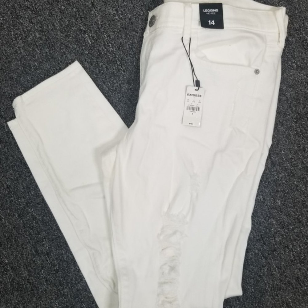 EXPRESS Mid-Rise White Distressed Destroyed Legging Jeans Size 14 not with tags - Picture 9 of 12
